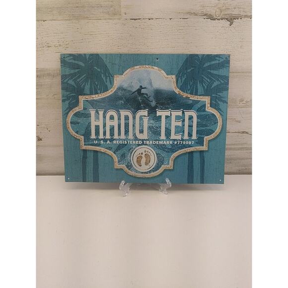 Hang Ten Tin Sign 12.5” x 16” Beach Palm Surf Surfing Waves Ocean Metal Wall - Picture 1 of 2